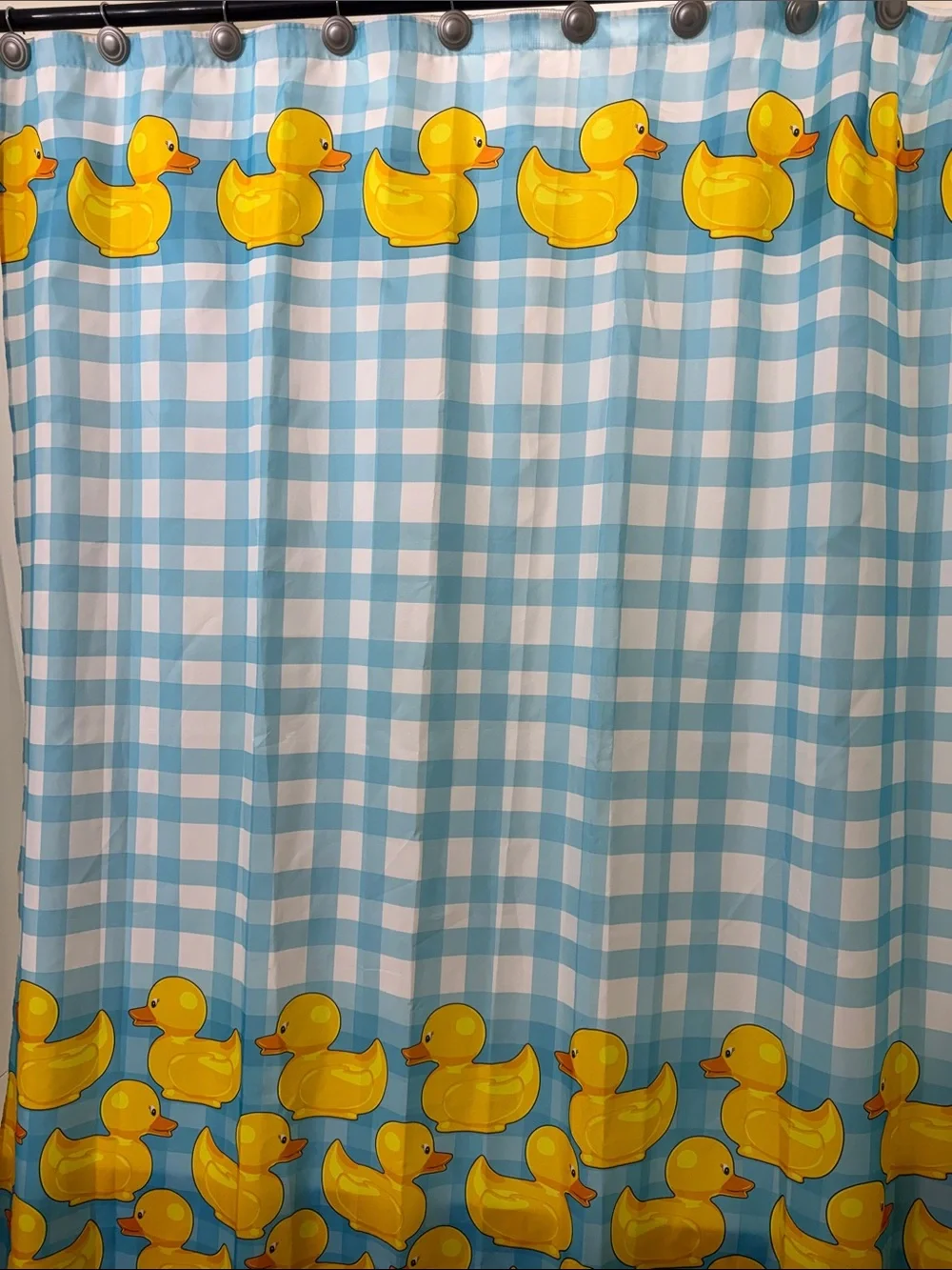 Bright Yellow Rubber Duck Shower Curtain on Blue Gingham